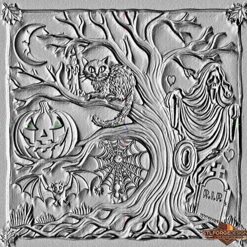 Haunted Tree Halloween STL | Jack O Lantern, Black Cat, Ghost ...