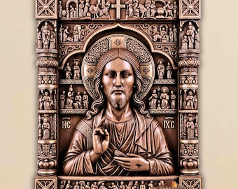 May include: A detailed, brown wooden relief carving of Jesus Christ, surrounded by intricate biblical scenes and figures. The artwork features a halo, a cross, and the letters "HC" and "IXC". The carving is framed with ornate columns and decorative elements.
