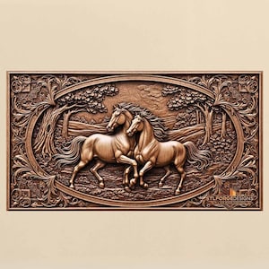 Zierpferde 3D STL Relief | CNC-Fräser Wildtiere Holzschnitzdatei