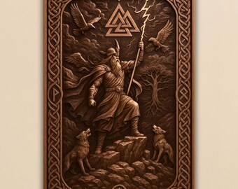 May include: A detailed wooden carving depicting a Norse god figure with a long beard, holding a staff with lightning. Two wolves and two birds are also carved into the wood. The artwork is framed with an intricate border.