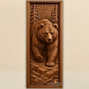 Archivo STL de oso: Modelo en relieve 3D de oso grizzly en el bosque / Tallado de vida silvestre con fresadora CNC / Descarga digital lista para Aspire y VCarve