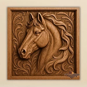 May include: A square wooden relief carving of a horse's head in profile, with a flowing mane and intricate floral patterns. The carving is set within a wooden frame. The overall design is detailed and elegant.