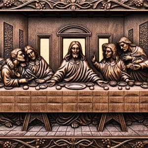 May include: A detailed, brown wood carving depicting the Last Supper. The relief carving shows Jesus and his disciples seated at a long table, with intricate details in the figures and the surrounding frame. The frame includes grape vines.