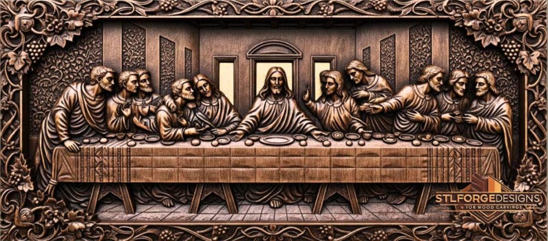 May include: A detailed, brown wood carving depicting the Last Supper. The relief carving shows Jesus and his disciples seated at a long table, with intricate details in the figures and the surrounding frame. The frame includes grape vines.
