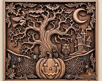 May include: A carved wooden Halloween-themed wall art piece. The design features a spooky tree, bats, a witch on a broom, a jack-o'-lantern, a haunted house, an owl, a cat, spiders, and spiderwebs. The artwork is framed and has the text "STLFORGEDESIGNS".