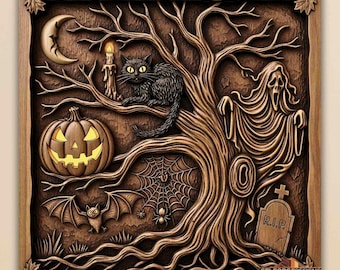 May include: A carved wooden Halloween-themed artwork featuring a spooky tree with a black cat, jack-o'-lantern, bat, spiderweb, and ghost. The artwork includes a crescent moon, candle, and a tombstone with "R.I.P."