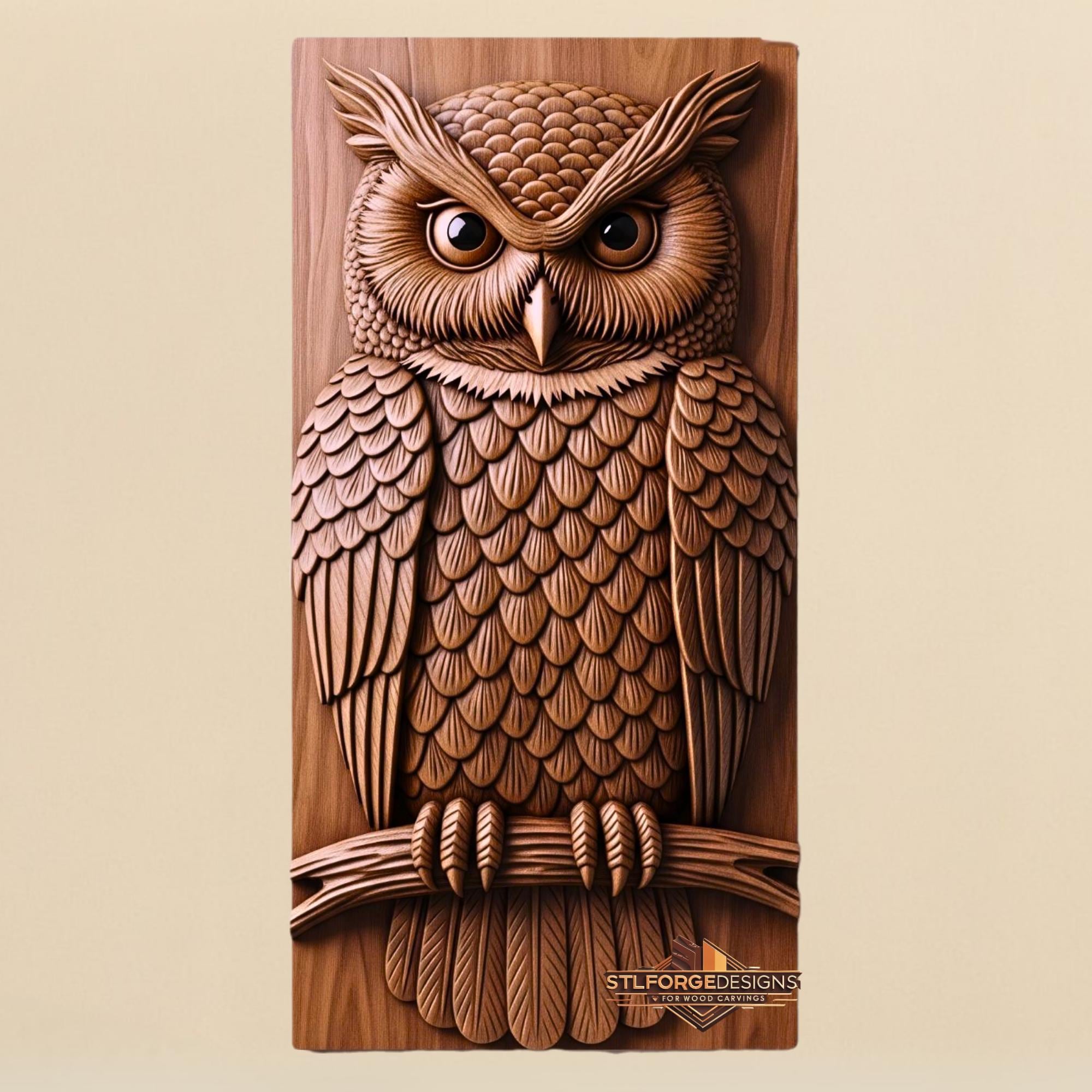 Owl STL File &ndash; Detailed 3D Relief Model of Owl on Branch | CNC Router Wildlife Carving | Aspir
