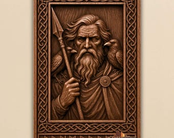May include: A detailed wooden carving of a bearded figure holding a spear, flanked by two ravens. The figure is framed by an intricate Celtic knot border. The text "STLFORGEDESIGNS" is visible at the bottom right.