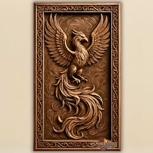 Phoenix STL File for CNC | 3D Mythical Bird Relief Panel | Laser Engraving Firebird Art | Digital Download for Wood Carving