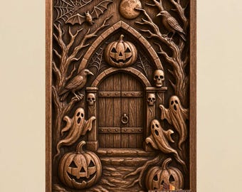 May include: A carved wooden Halloween-themed wall art piece. The artwork features a central arched doorway with a carved pumpkin above it. Ghosts, crows, bats, and jack-o'-lanterns are carved around the door, with a full moon in the background.