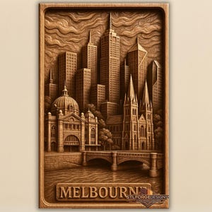 Melbourne City 3D Relief Flinders Street Station & Skyline STL File for CNC Router  Laser Australia Wood Carving Wall Art