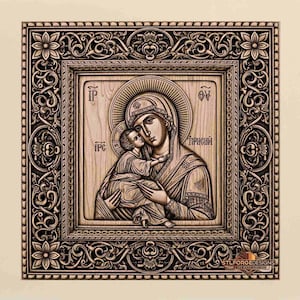 Virgin Mary & Child Icon STL File – Orthodox Christian 3D Relief with Floral Frame for CNC Router, Aspire  VCarve