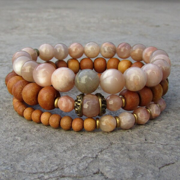 Independence and Joy, Sunstone and sandalwood mala bracelet stack