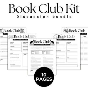 May include: A black and white Book Club Kit discussion bundle featuring 10 pages of printable guides. The sheets include sections for book titles, authors, character analysis, plot summaries, star ratings, and notes, all decorated with book illustrations.