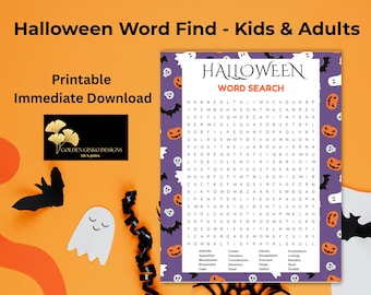 May include: A rectangular Halloween word search puzzle sheet featuring a purple border with orange pumpkins, white ghosts, and black bats. The white center contains the text HALLOWEEN WORD SEARCH above a grid of letters and a list of words.