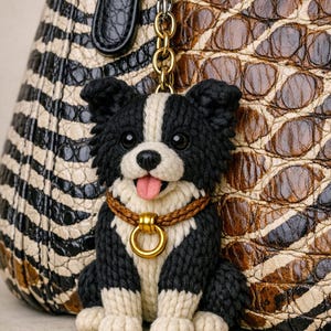 Puede incluir: Un charm de perro blanco y negro hecho a mano con un anillo y una cadena dorados, sujeto a un bolso estampado. El perro tiene la lengua rosa y un collar marrón. El bolso tiene un estampado de cebra en blanco y negro y un estampado de piel de serpiente marrón.