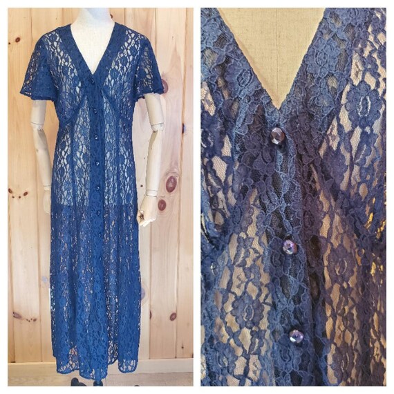 Vintage 90s Lace Slip Dress 80s Sheer Floral Lace… - image 1