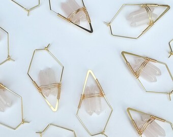 Geometric Rose Quartz Hoop Earrings/ Hypoallergenic Gemstone Coastal Earrings