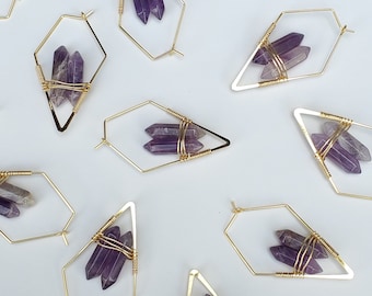 Geometric Amethyst Quartz Hoop Earrings/ Hypoallergenic Gemstone Earrings