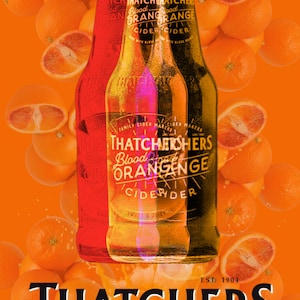 May include: An advertisement for Thatchers Blood Orange Cider, featuring three bottles in red, yellow, and black. The bottles are surrounded by oranges, some sliced. The brand name and product details are visible on the bottles, with the word "THATCHERS" at the bottom.