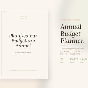 Peut inclure: Un planificateur budgétaire annuel imprimable avec le texte "Planificateur Budgétaire Annuel". Le planificateur comprend 25 pages et est disponible au format A4. Le design est dans des tons neutres.