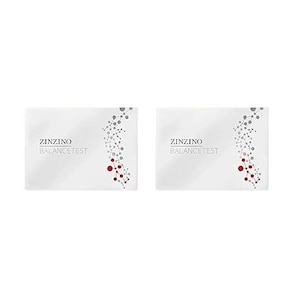 Pode incluir: Duas caixas retangulares brancas com o texto "ZINZINO BALANCETEST". Cada caixa tem um design molecular cinza e vermelho no lado direito.
