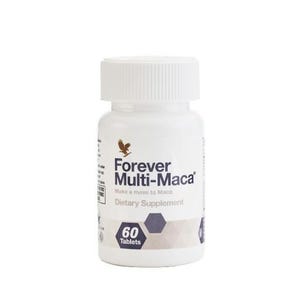 May include: A white plastic bottle of Forever Multi-Maca dietary supplement. The bottle has a white screw-on cap and a label with the product name, a logo, and the words "Dietary Supplement". The label also indicates that the bottle contains 60 tablets.