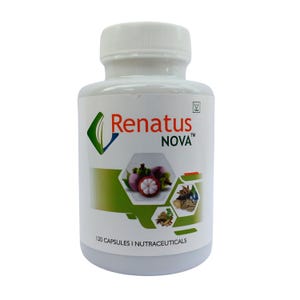 Puede incluir: Una botella de plástico blanco de nutracéuticos Renatus Nova. La etiqueta presenta el nombre de la marca, un logotipo verde y blanco e imágenes de mangostán y otros ingredientes. La botella contiene 120 cápsulas.
