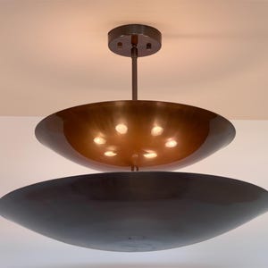 1950's Contemporary Italian Brass Chandelier – Hand Made Sculptural Brass Ceiling Light Twin Bowl Reflectors – Mid-Century Modern Style