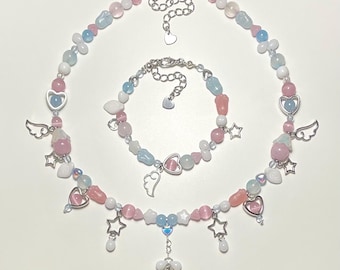 bubblegum set, handmade beaded jewelry, y2k, fairycore, coquette, trendy, blue star, heart, charms bracelet, beaded necklace, mermaid, gift