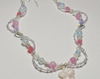 sakura necklace, handmade beaded jewelry, y2k, fairycore, coquette, trendy, star, heart, pearls, flower, beaded necklace, mismatch 90s, gift