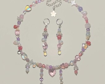 dreamcatcher set, handmade beaded jewelry, y2k, fairycore, coquette, trendy, star, heart, pink, beaded necklace&earrings, mermaid, gift idea