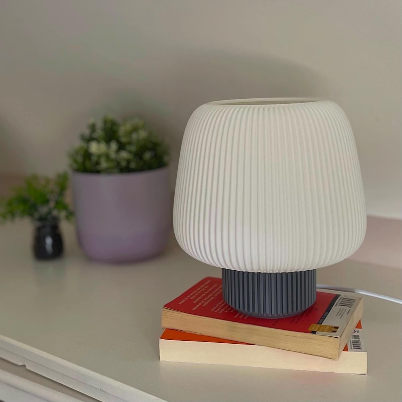 May include: A white, ribbed table lamp with a grey base sits on two books with red covers. The lamp has a rounded, mushroom-like shape. In the background, a small potted plant and a larger purple pot with a green plant are visible.
