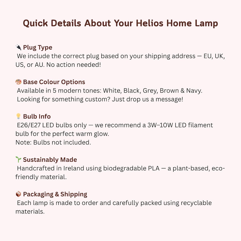 May include: Information about a Helios Home Lamp, detailing plug types, base colour options in white, black, grey, brown, and navy, bulb specifications, sustainable materials, and packaging details.