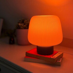 May include: An orange, ribbed table lamp with a dark brown base sits on two red books. The lamp emits a warm glow, casting an orange hue. A small potted plant is visible in the background. The lamp is a decorative item.