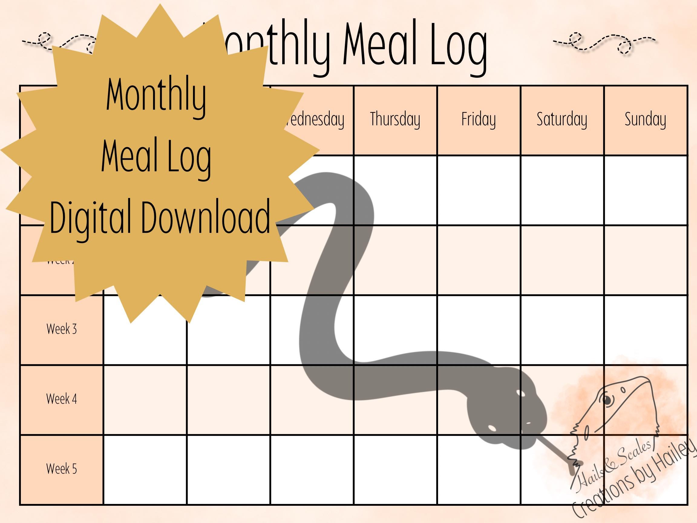 Snake Monthly Meal Chart: Feeding Tracker Digital Download, Printable ...