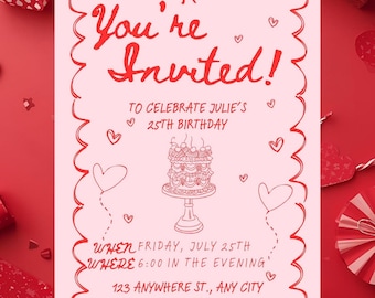 Dainty Red Birthday Invitation (Digital Invitation Template)