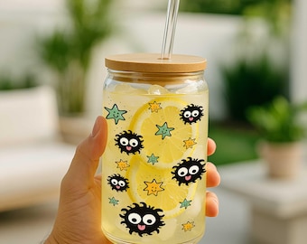 Soot Sprite Glass Cup: Anime Iced Coffee Beer Can with Lid & Straw