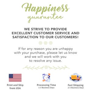 May include: White background with the text "Happiness guarantee" in green script. The text promises excellent customer service and satisfaction. Includes an American flag graphic and text about printing and shipping from the USA.