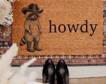 Howdy Racoon Cowboy Funny Doormat,Funny Housewarming gift,Wedding Gift New Home Decor Funny Coir Door Mat,Welcome Mat, Gift for New Home