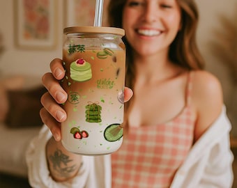 Matcha Glass Can Tumbler: 16oz with Bamboo Lid & Straw