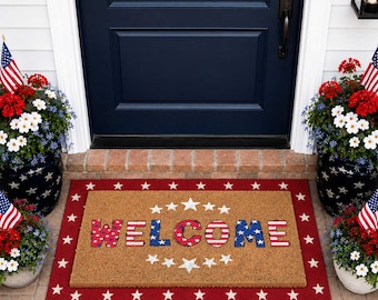 Felpudo de bienvenida con estrella roja, blanca y azul, felpudo patriótico, felpudo del Día de la Independencia, felpudo para veteranos, decoración del 4 de julio, Día de los Caídos