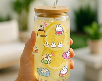 Pink Cute Kawaii Glass Cup,Kawaii Tumbler, Cute  Kawaii Bunny Glass Can, Kawaii Asian Aesthetics,Bubble Tee Glass Cup