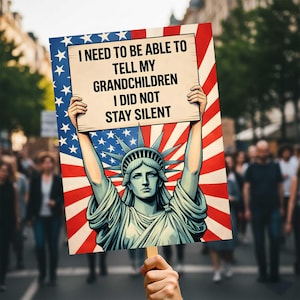 May include: A sign held aloft in a crowd, featuring the Statue of Liberty and the American flag. The sign reads, "I NEED TO BE ABLE TO TELL MY GRANDCHILDREN I DID NOT STAY SILENT."