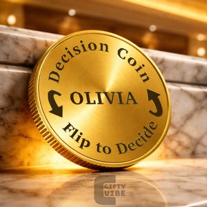 May include: A gold-colored decision coin with the name "OLIVIA" in the center. The coin has the words "Decision Coin" and "Flip to Decide" around the edges, with arrows indicating the flipping action. The coin is on a marble surface.