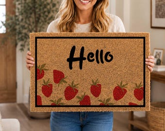 Felpudo de bienvenida "Hola Fresa", Felpudo bonito, Felpudo "Hola", Felpudo de bienvenida, Decoración estilo granja, Decoración de frutas, Felpudo para la puerta principal, Decoración para el porche delantero