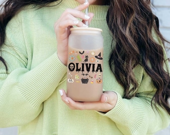 Personalized Halloween Ghost Glass Tumbler, Gift for Halloween, Cute Ghost Coffee Cup, Halloween Glass Cup Spooky Season Iced Coffee Glass