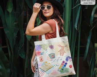 Bolsa de acuarela, bolsa para amantes de los libros, bolsa de lona orgánica, regalo para artistas.