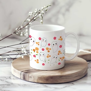 Cute Cottagecore Ghost Coffee Mug, Halloween Gift Cup, Fall Mug, Wildflower Ghost, Spooky Witchy Mug for Ghost Lovers & Halloween