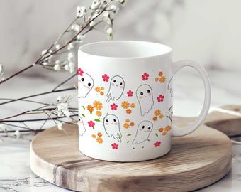 Cute Cottagecore Ghost Coffee Mug, Halloween Gift Cup, Fall Mug, Wildflower Ghost, Spooky Witchy Mug for Ghost Lovers & Halloween
